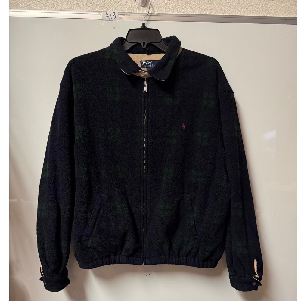 Vintage Polo Ralph Lauren Black Watch Plaid Fleece Jacket XXL Full Zip USA Made